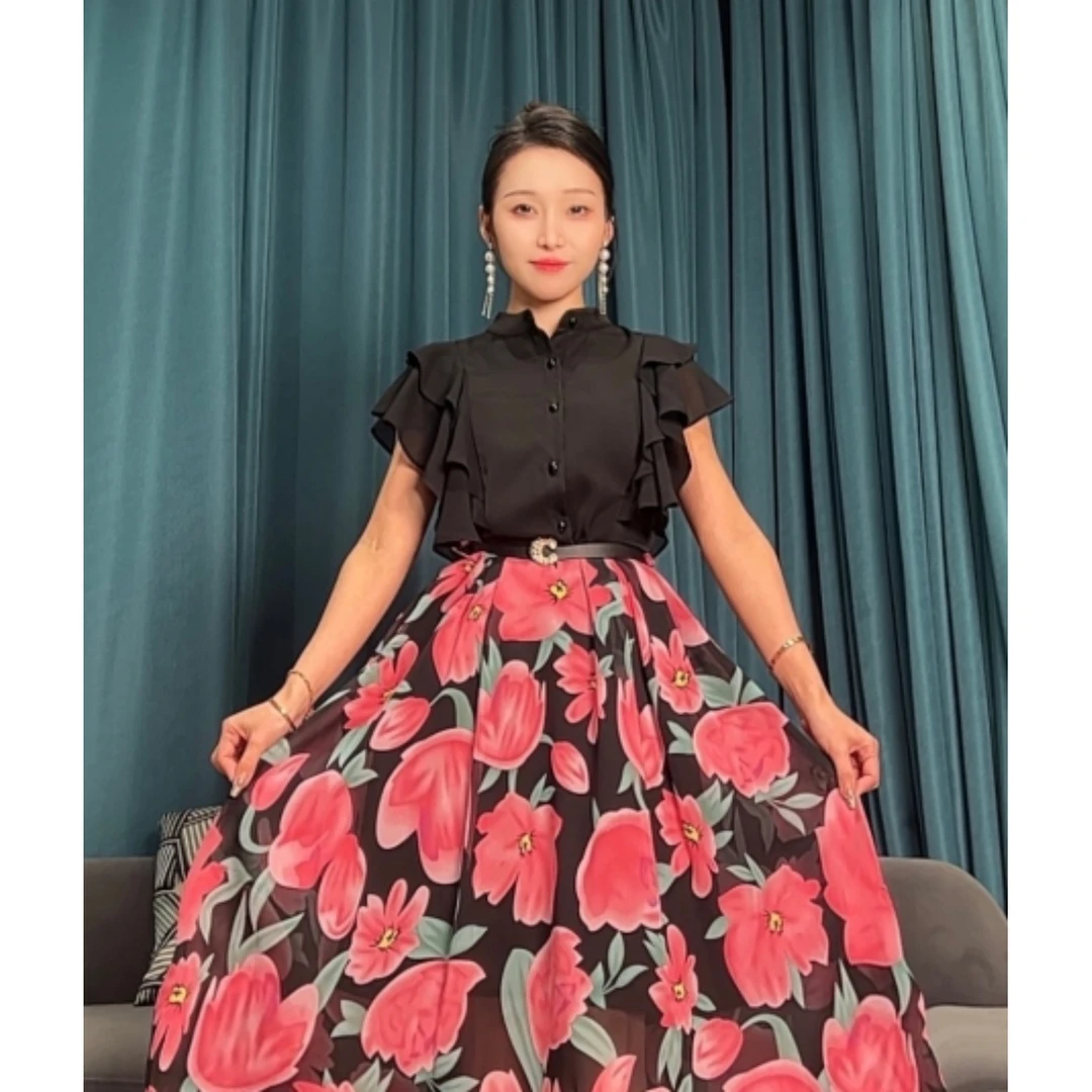 【商场高货】浪莎 梦韵花语夏季印花大摆女装连衣裙+腰带6210