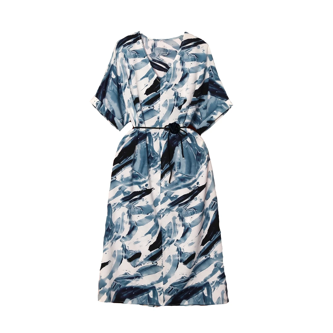 【商场高货】浪莎 设计师蓝色黑玫瑰感显瘦V领连衣裙+腰带6019