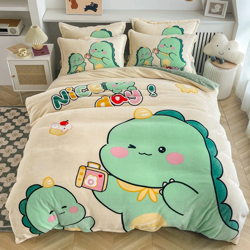 冬季可爱小恐龙牛奶绒四件套加厚珊瑚绒双面绒三件套毛绒床笠被套
