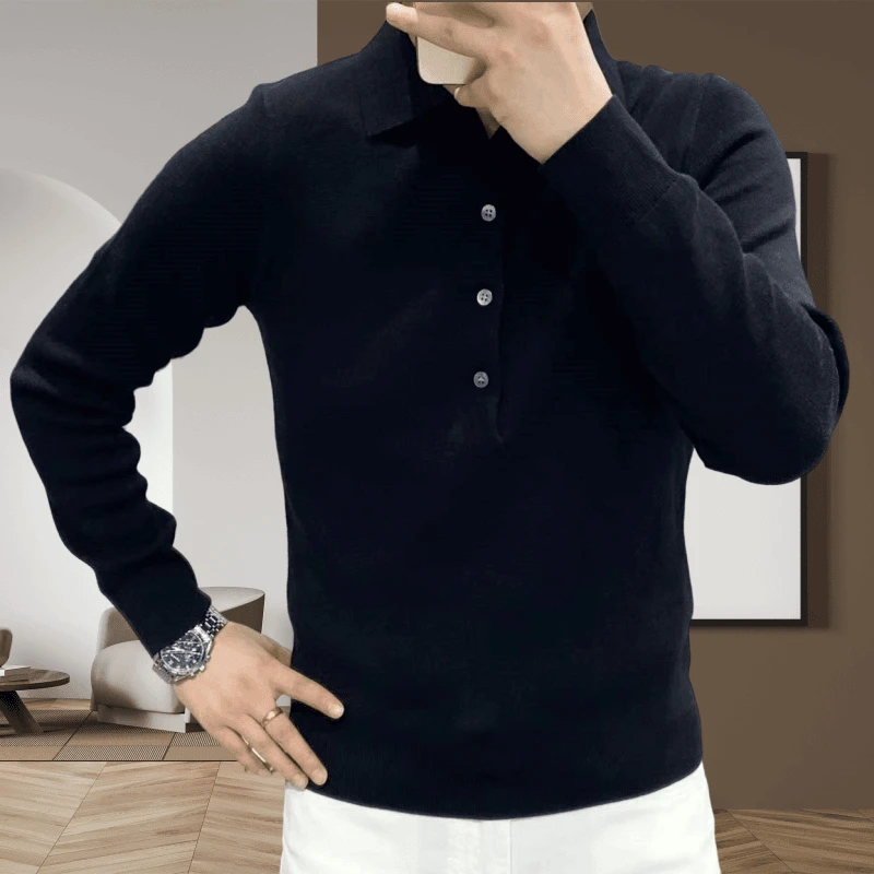 男士针织衫秋冬时尚休闲纯色修身毛衣商务简约打底衫翻领Polo衫
