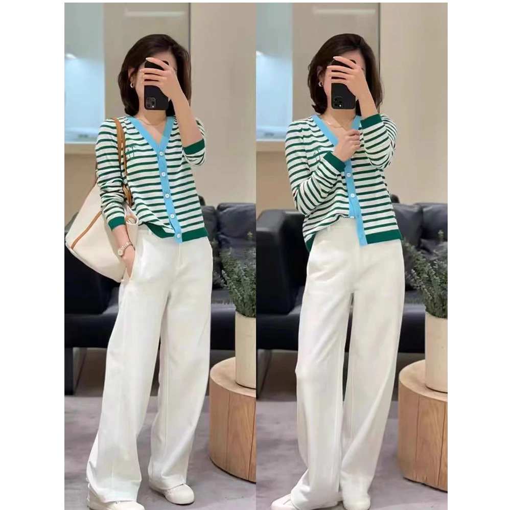 58【商场同款】小禾 超细棉条纹V领撞色针织开衫女