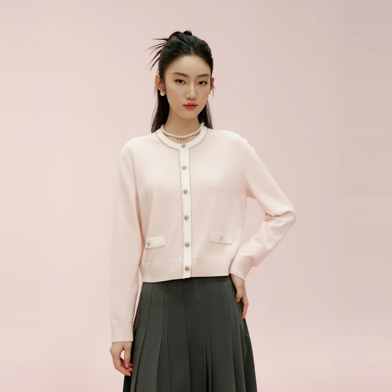 LIME/莱茵【优雅新译】早春柔和浪漫针织开衫石盐粉色LDGANBKCD002