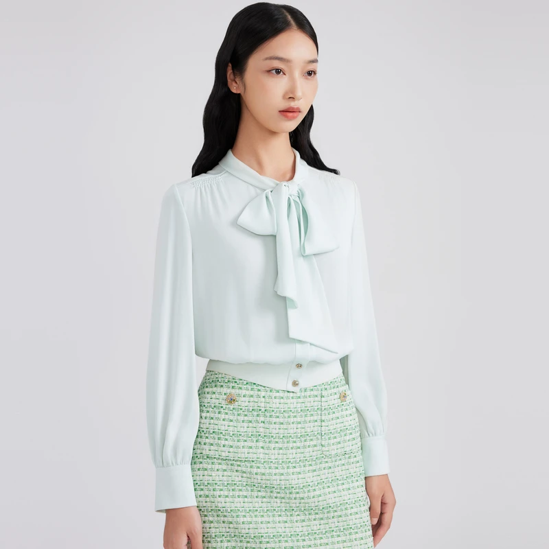 LIME/莱茵【千金玛德琳】春季新款法式大领结衬衫水绿LMFADAWBL001