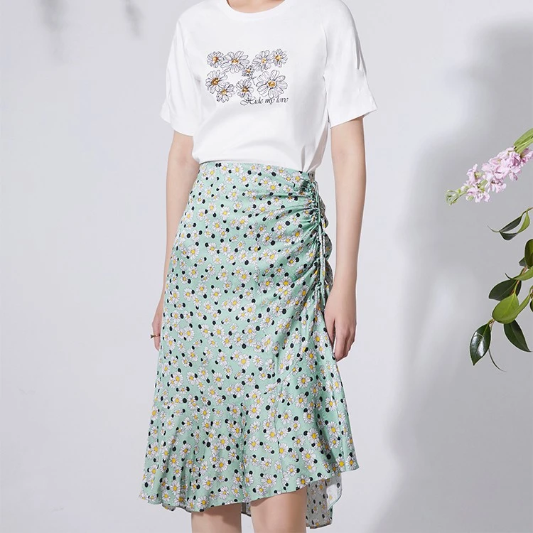 【成都奥莱专属】莱茵碎花小清新荷叶边抽绳不对称半裙LMDA2CWSKW01