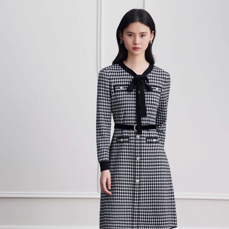 【成都奥莱】小香风连衣裙撞色蝴蝶结领口LMDD9BKOP003