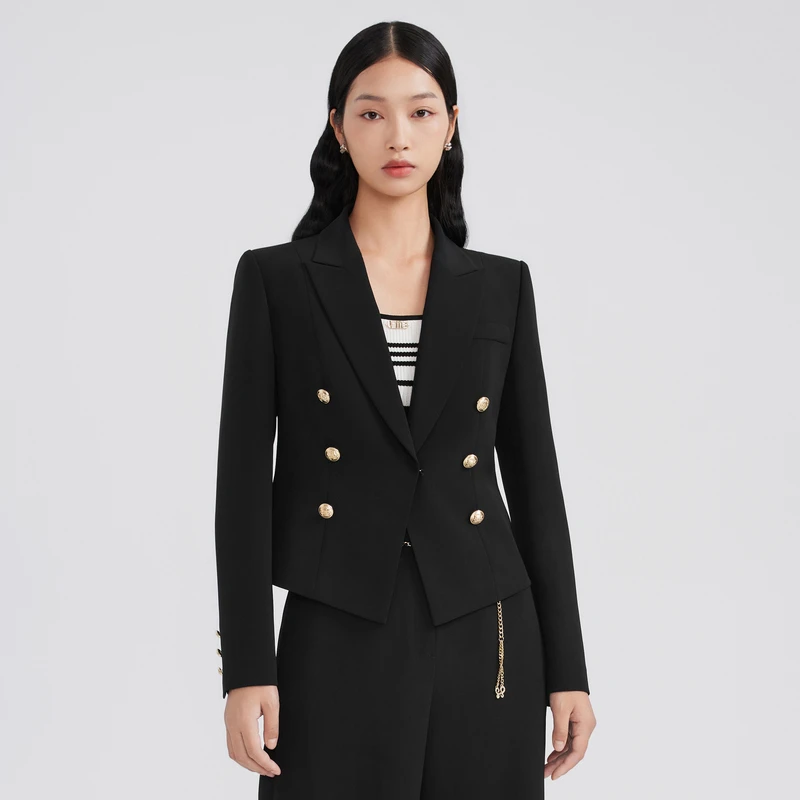 LIME/莱茵【夜色幻想】早春新款高级收腰干练短西装黑LMFA2BWJK301