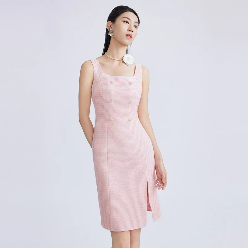 LIME/莱茵【初夏绮想】轻奢优雅无袖香风连衣裙淡粉色LMFB4BWOP305