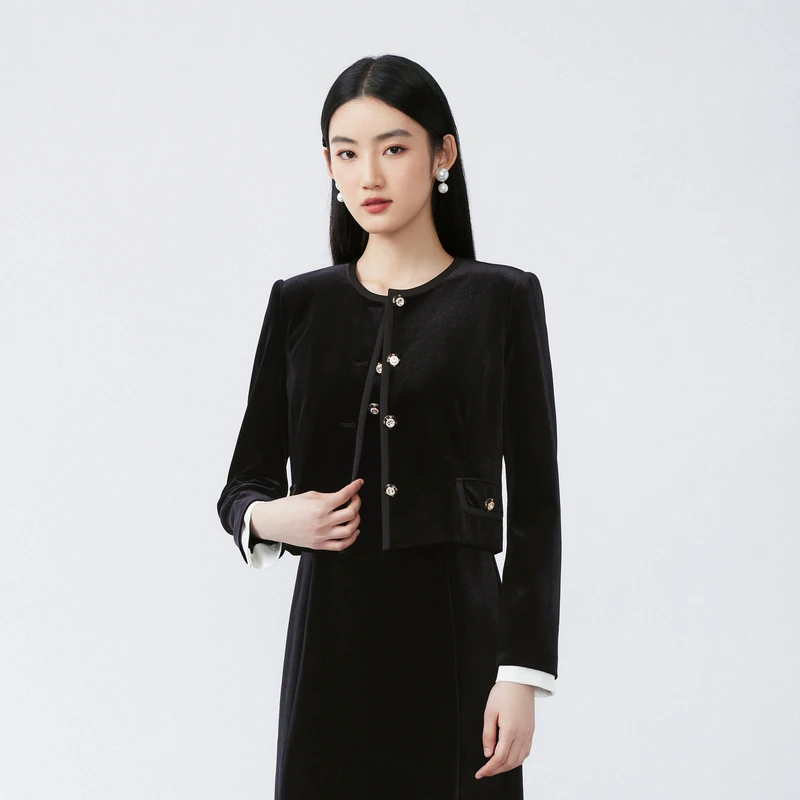 LIME/莱茵【璀璨之夜】秋季法式撞色丝绒短截上衣黑色LDFC8AVCJK52