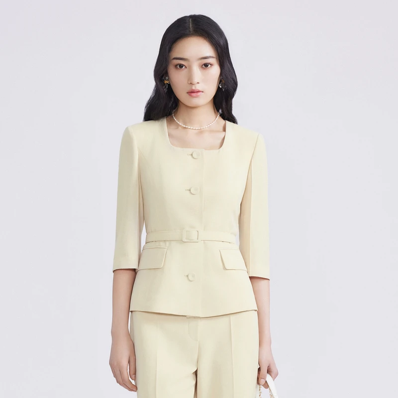 LIME/莱茵【丝·语】夏季气质梭织短截上衣雾黄色LMFB3AWCJ001