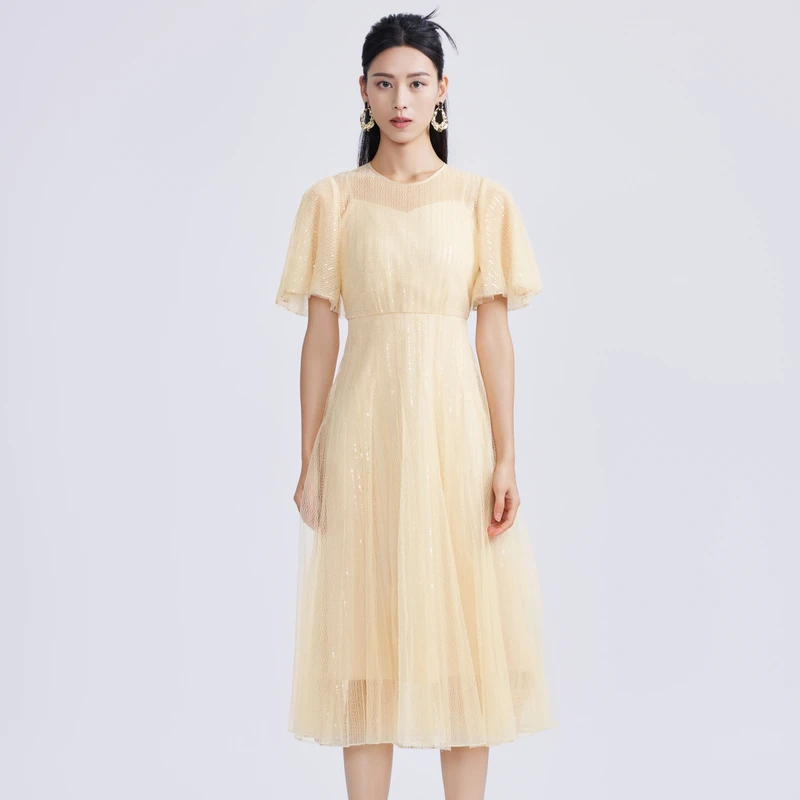 LIME/莱茵【花园秘境】夏季轻奢显瘦连衣裙香槟米色LMFB4AWOP013