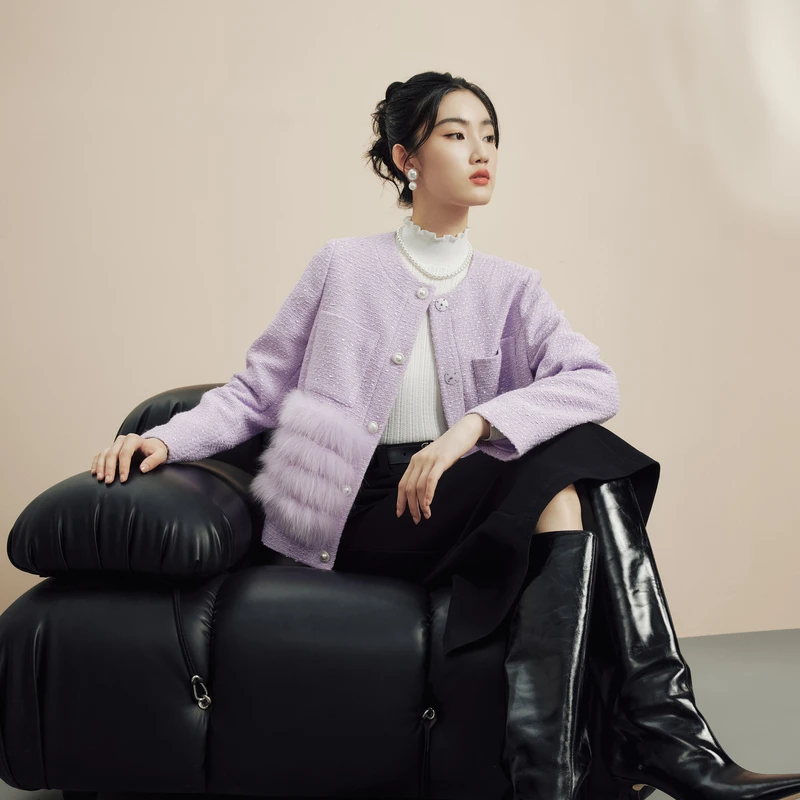 LIME/莱茵【巴黎梦境】浪漫奢雅拼接梭织短大衣淡紫色LMFD9BWHC701