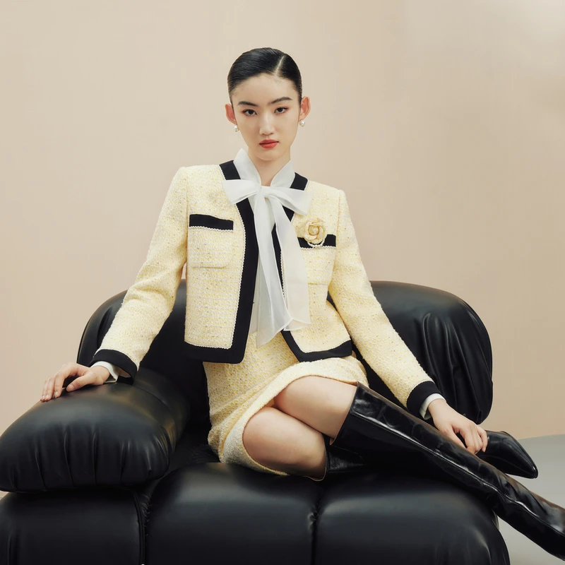 LIME/莱茵【浪漫巴黎】秋季气质粗花呢半裙浅黄色LDFD8BCSK302