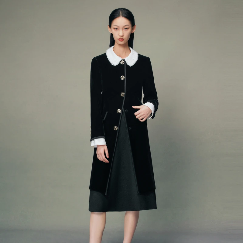 LIME/莱茵通勤百搭丝绒风衣黑色LMEC8BVBY091