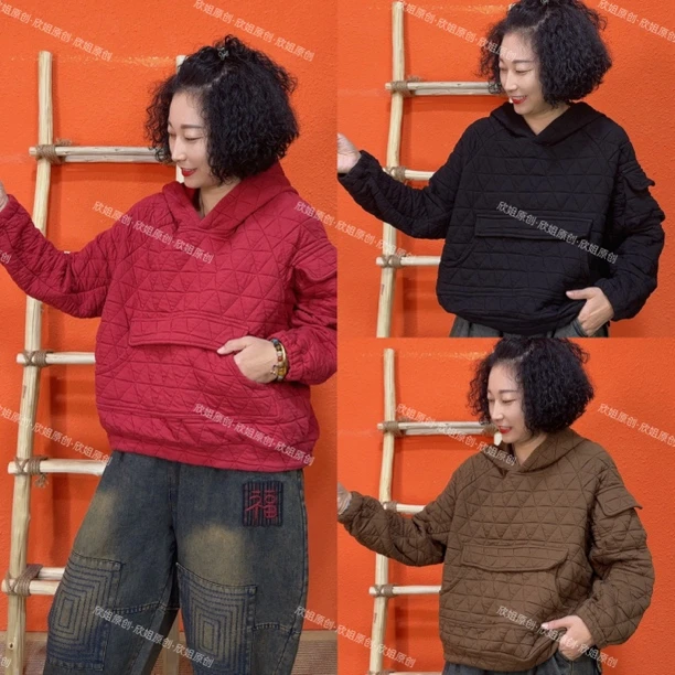 【欣姐原创】压格棉大口袋宽松休闲连帽套头卫衣