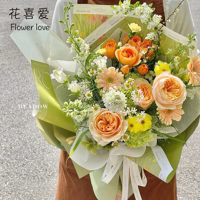 花喜爱情人节包装纸氛围花卉纸彩绘包花纸牛皮纸花束材料38节