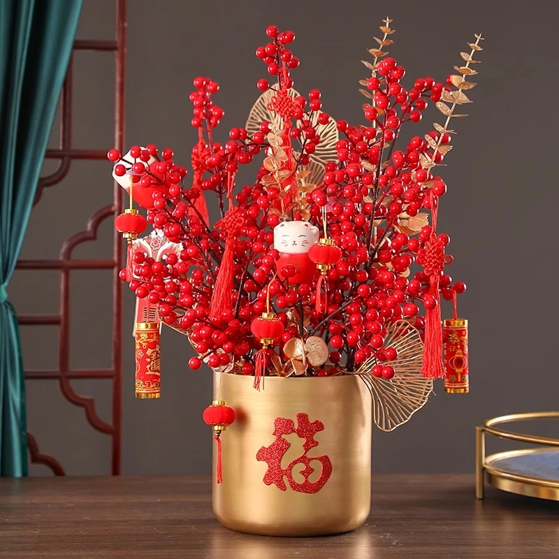 花喜爱仿真花枝冬青红果金色尤加利银杏叶居家装饰福桶花店