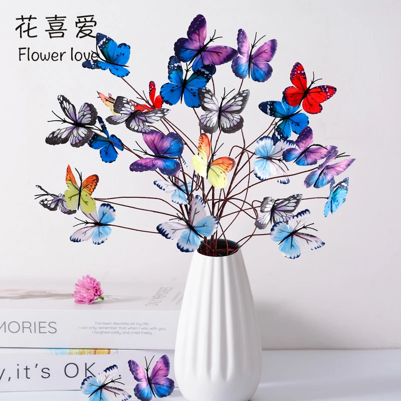 花喜爱仿真花5头蝴蝶花园风插花居家装饰福桶花店手工diy材料
