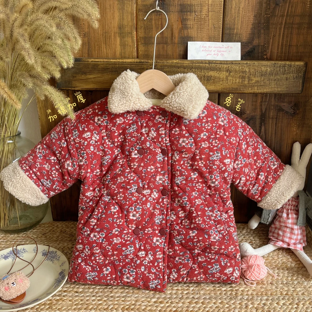 女童碎花保暖加厚棉服秋冬印花中长款加绒韩版冬季冬款时尚洋气