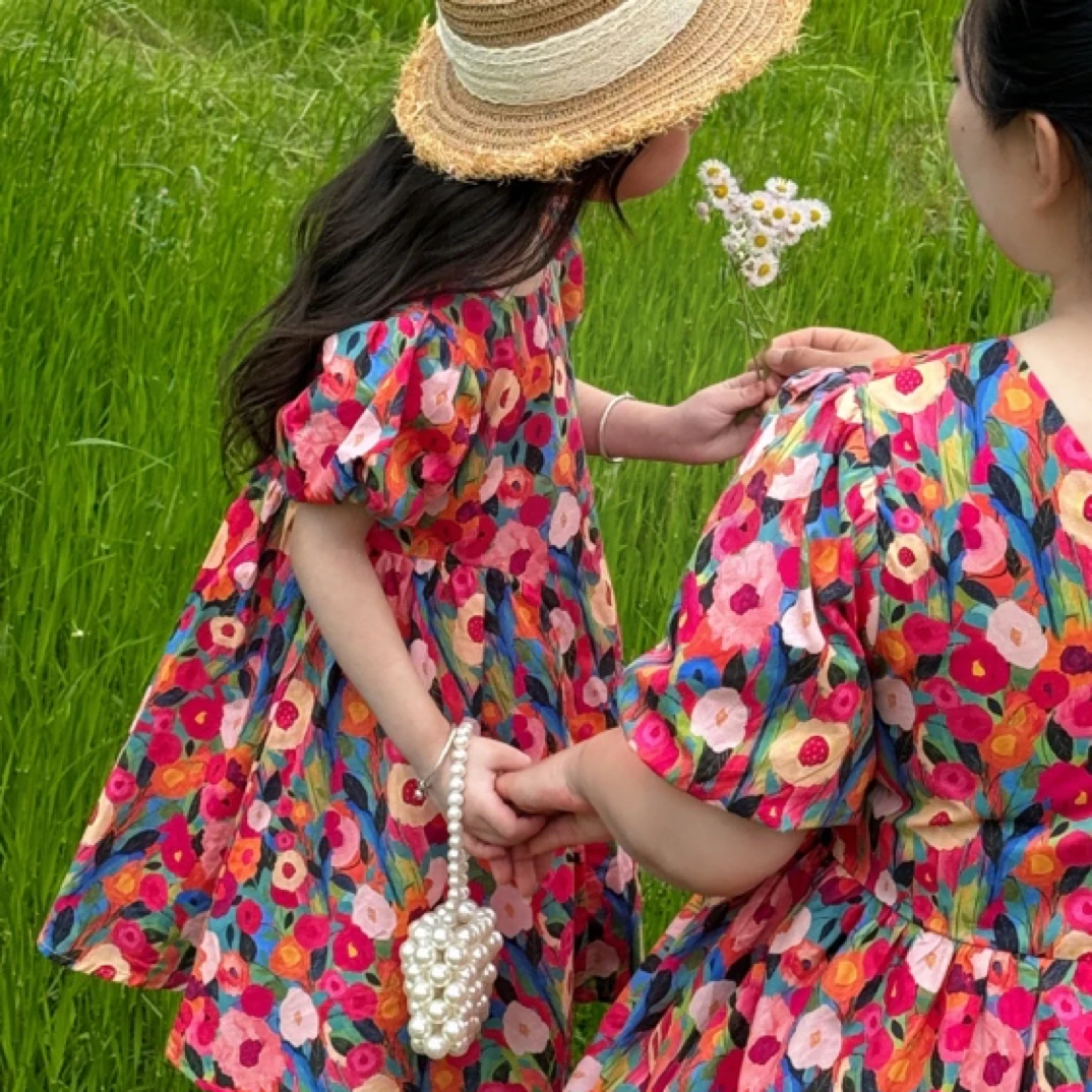 2024夏款韩版纯棉印花女童宽松泡泡袖母女装沙滩洋气【观赛搭子】