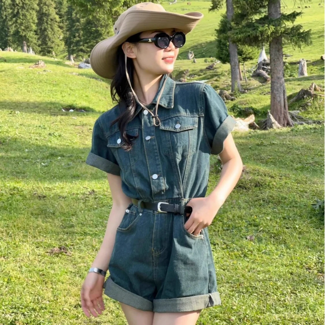 美式polo领韩版蓝色牛仔短袖连体裤女单排扣宽松阔腿卷边短裙女