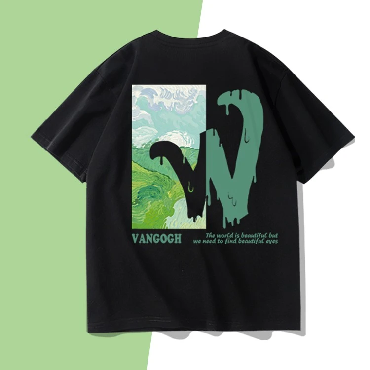 新款美式潮牌印花短袖t恤男夏季纯棉油画宽松情侣装体恤男女同款