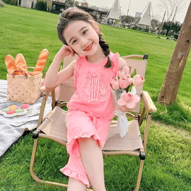 夏款女宝套装中国风灵芝团绣盘扣花边新中式无袖两件套