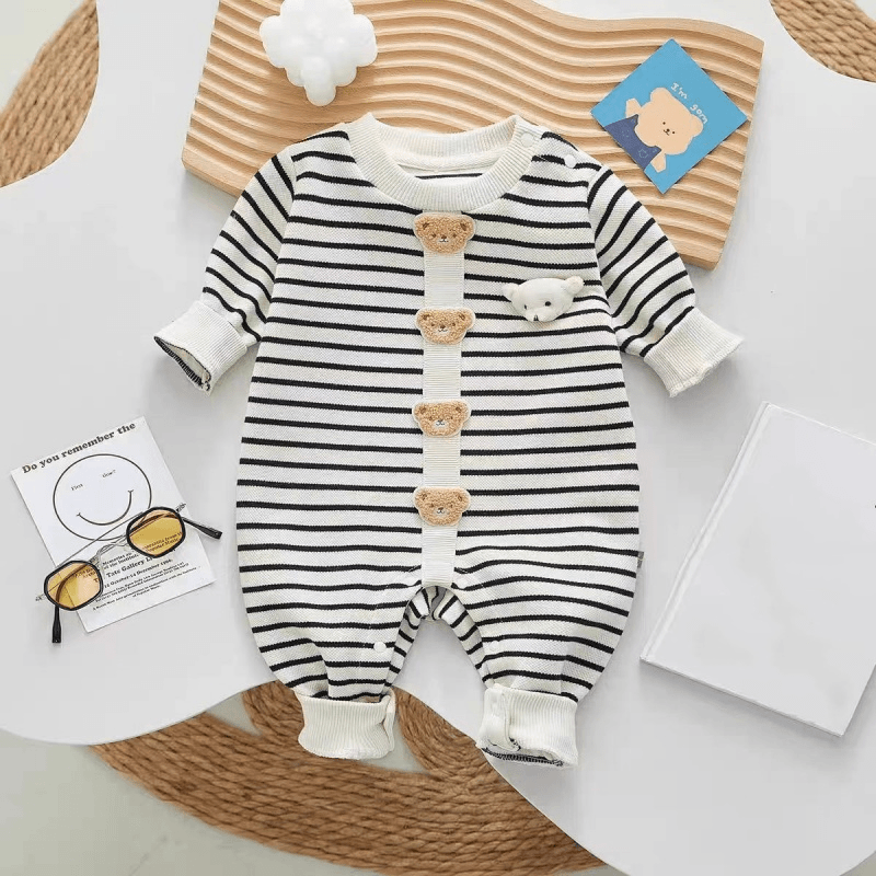春秋款男宝宝哈衣休闲简约条纹肩扣套头熊长袖连体爬服