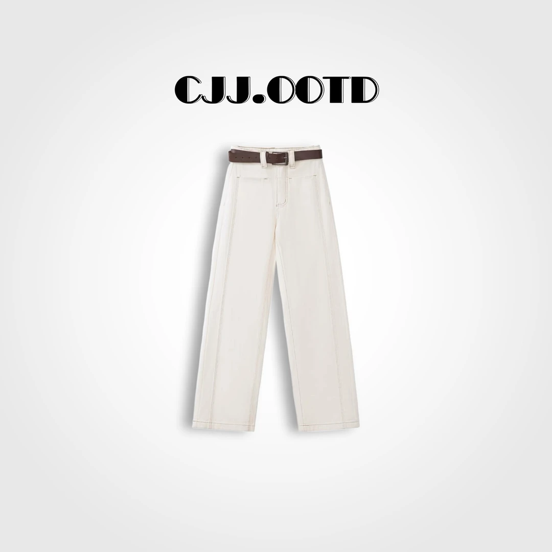 【2025春款】米杏色窄版直筒阔腿牛仔裤女遮跨显瘦高腰拖地裤298