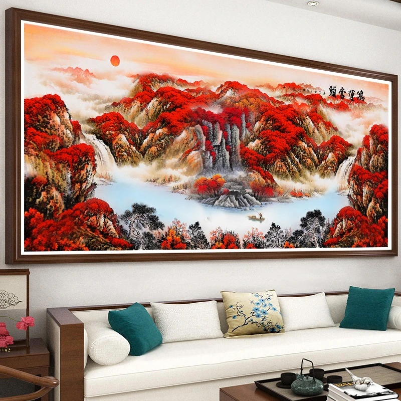 鸿运当头山水人家客厅风景画满绣大格41色无勾边