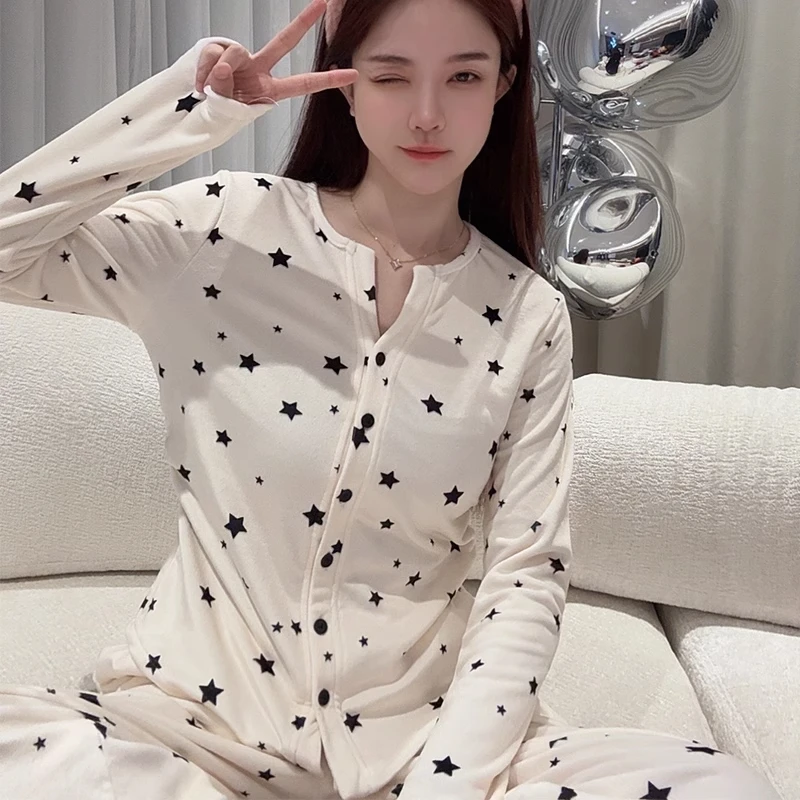 德绒睡衣女2024秋冬新款加厚长袖网红同款星星可外穿家居服套装