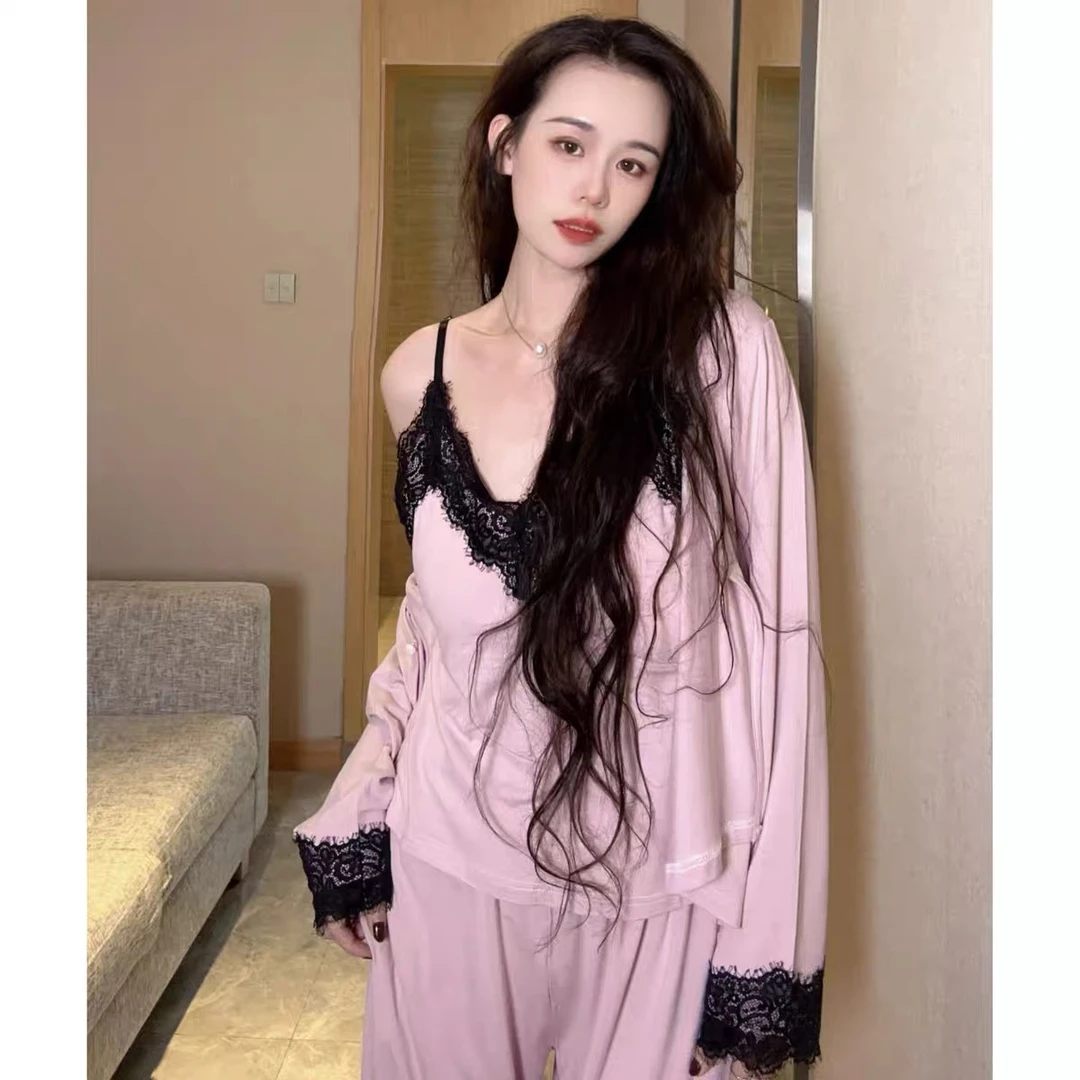 带胸垫性感三件套女春秋新款粉色蕾丝吊带纯欲美背长袖外套睡衣