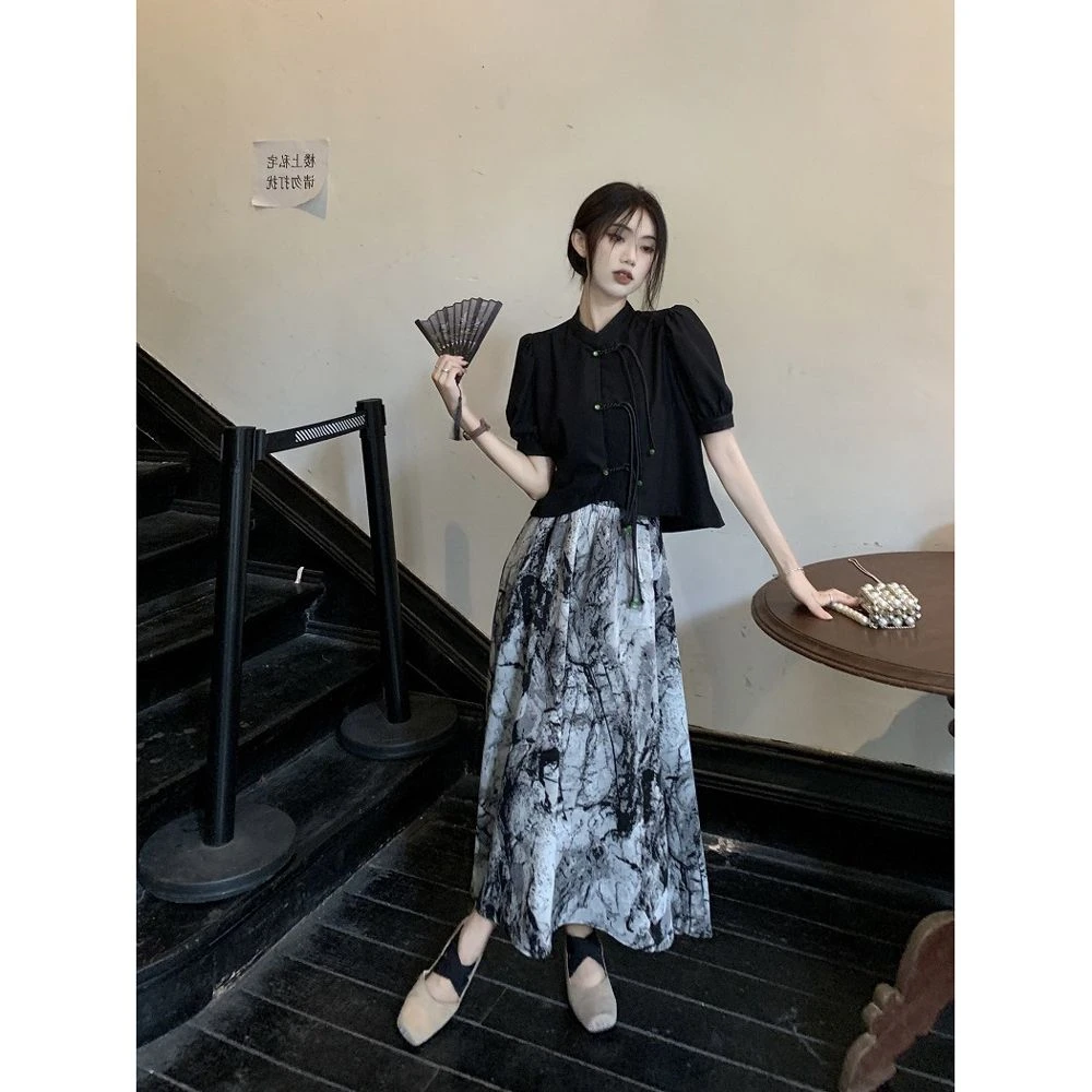 新中式裙子气质国风套装短袖衬衫女夏季泼墨半身裙子设计感两件套