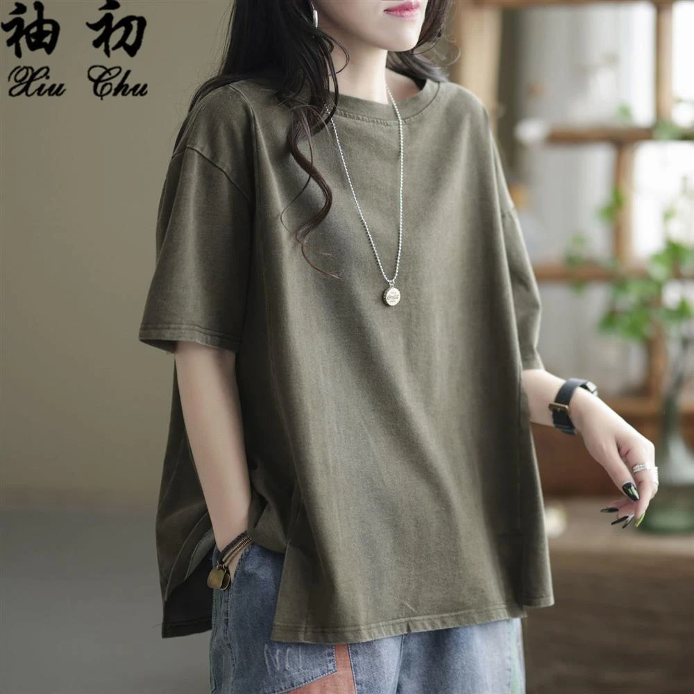 《专柜大码》T恤女夏装新款短袖宽松复古纯色百搭显瘦装体恤上衣