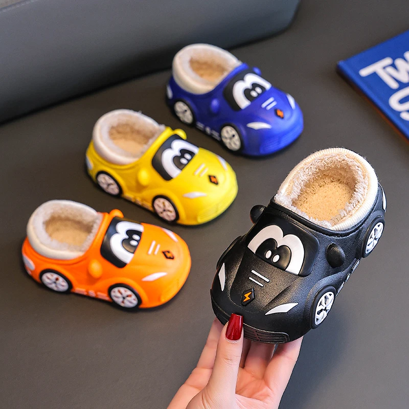 儿童冬季加绒保暖防水可爱卡通小汽车居家棉鞋防滑软底包跟棉拖鞋