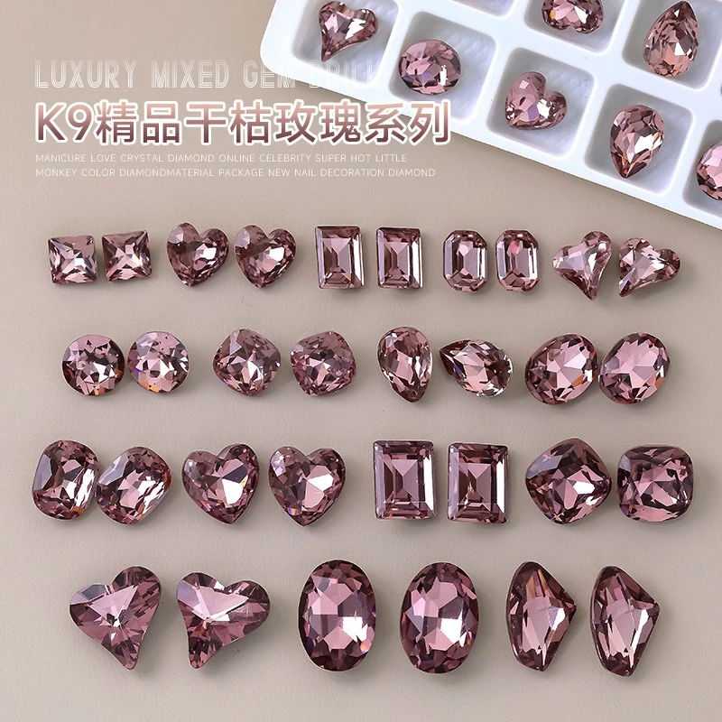 K9精品干枯玫瑰尖底钻美甲饰品超闪歪心钻肥方异形指甲钻饰堆堆钻