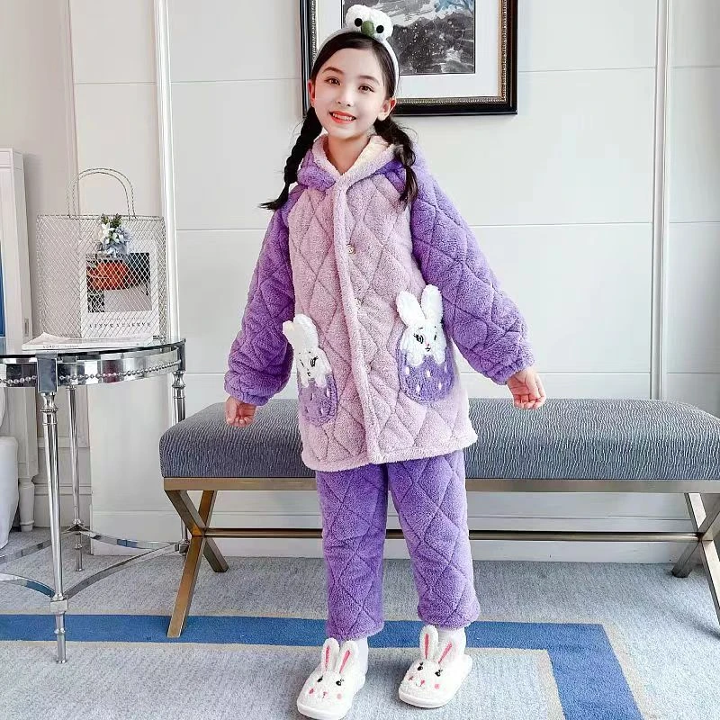 女童冬季三层加厚睡衣套装女孩子中长款加绒法兰绒保暖家居服套装