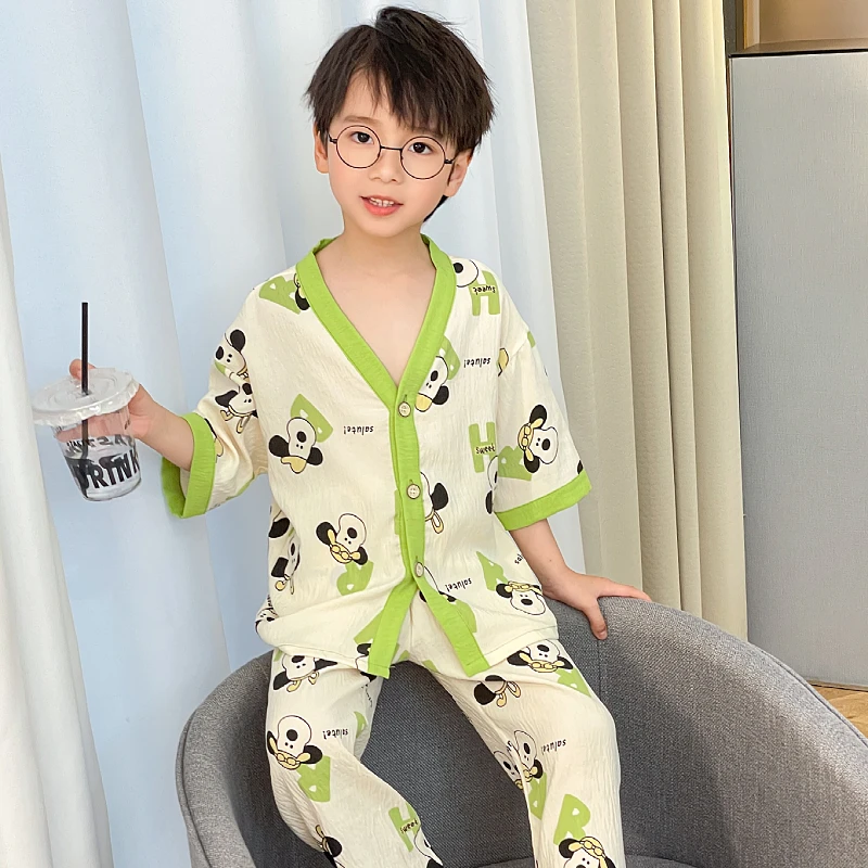 儿童夏季薄款棉绸睡衣套装男童中大童小女孩夏卡通可爱甜美家居服