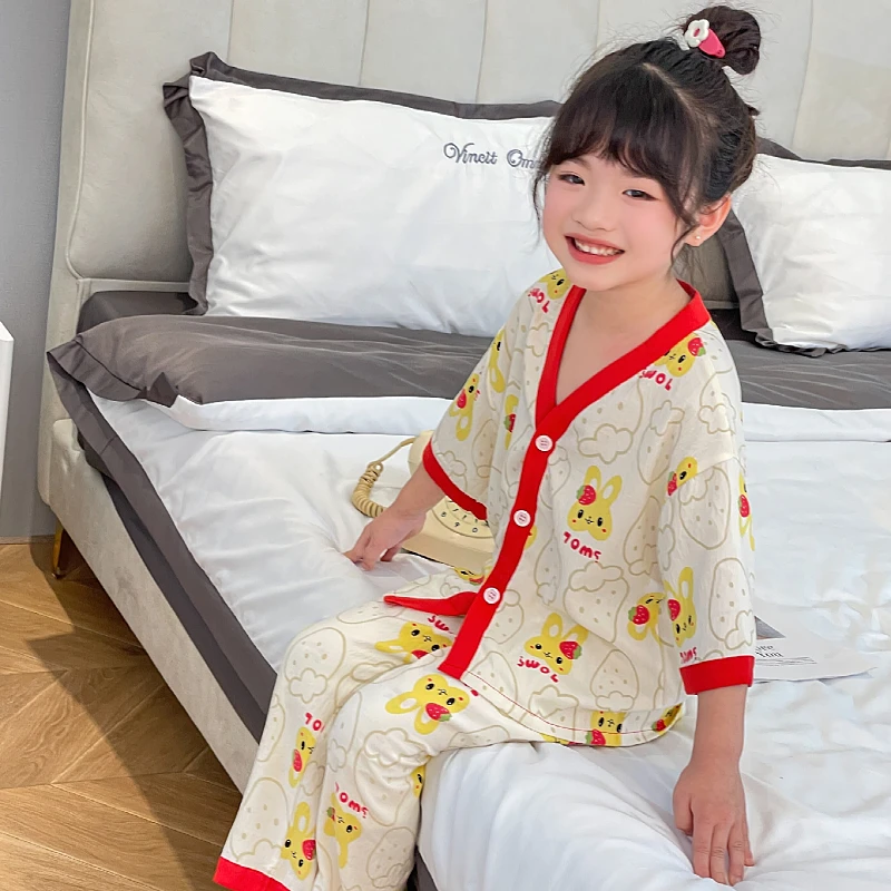 儿童款睡衣夏季女童男童中大童棉绸薄款卡通开衫空调家居服套装