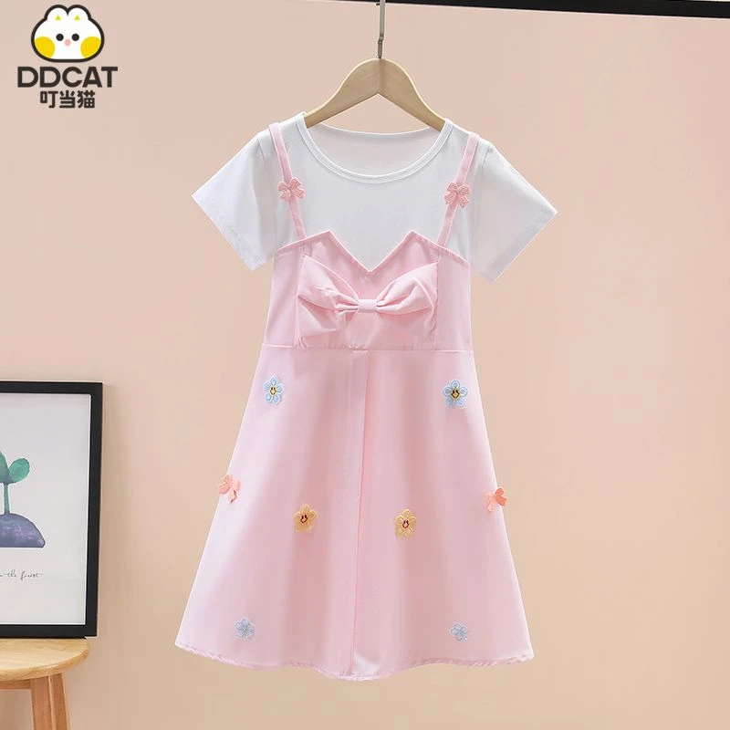 叮当猫女童连衣裙假两件2024夏季新款洋气中大童女孩中长款公主裙