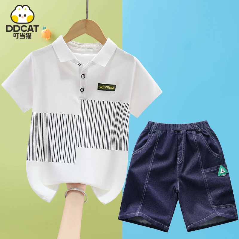 叮当猫男童夏季纯棉套装2024新款洋气中大童男孩休闲polo衫两件套