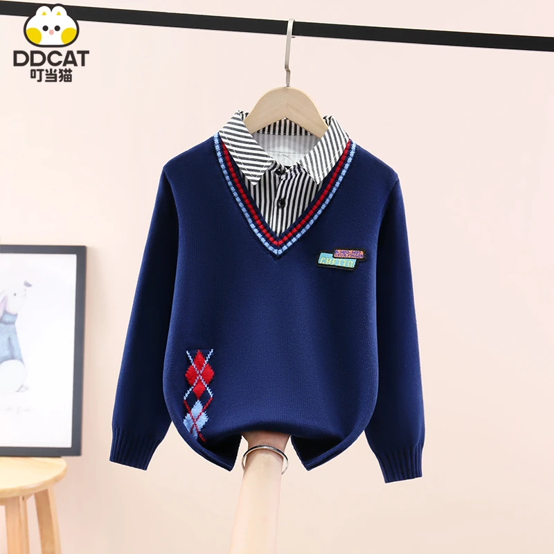 叮当猫男童毛衣假两件秋冬新款洋气中大童男孩纯棉套头针织打底衫