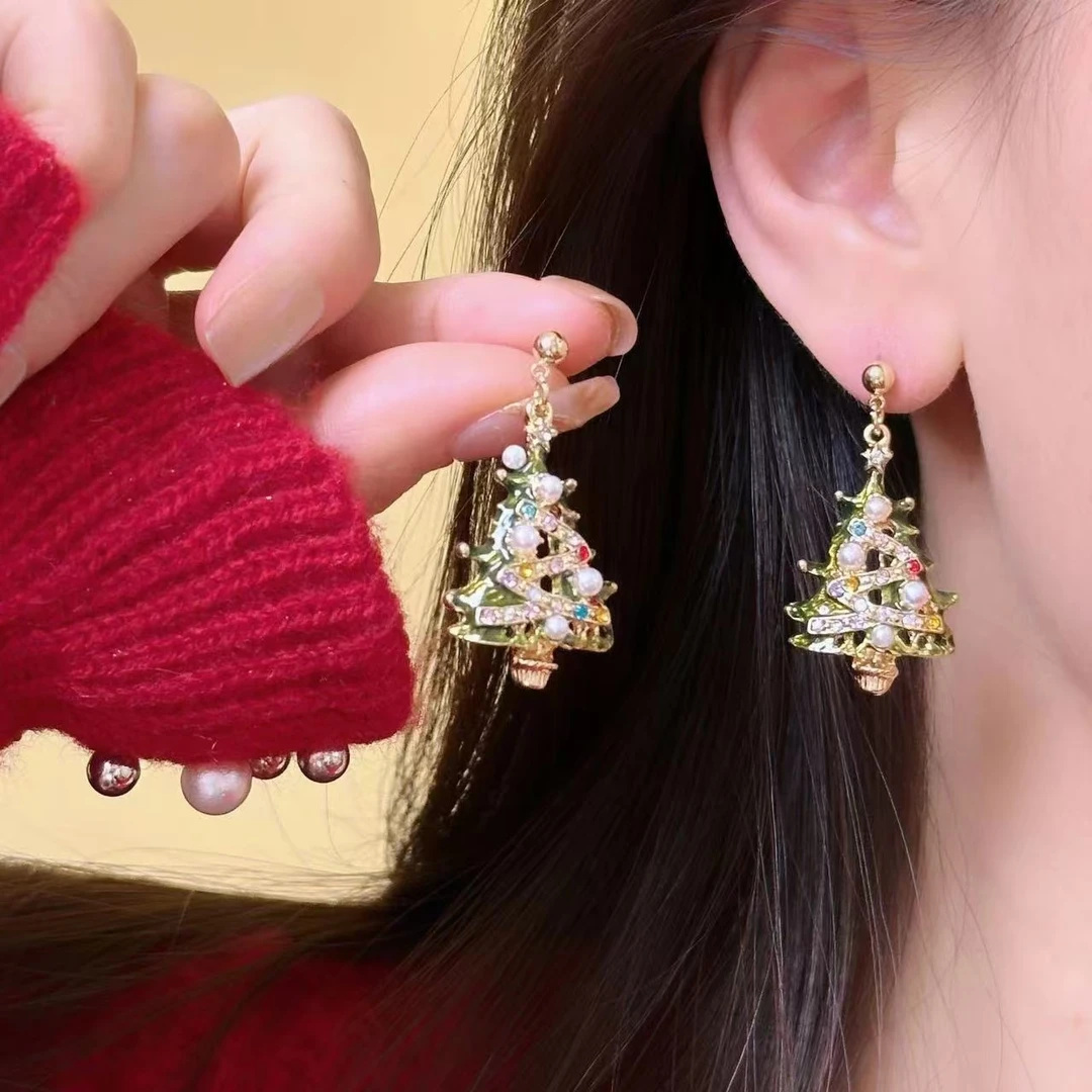铜合金仿珍珠耳饰 7534彩色水钻森系圣诞树甜美少女耳钉