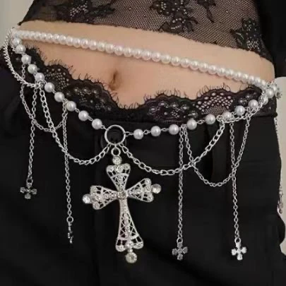 铜合金仿珍珠项链 7626时尚百搭十字架吊坠一款多用多层项链腰链