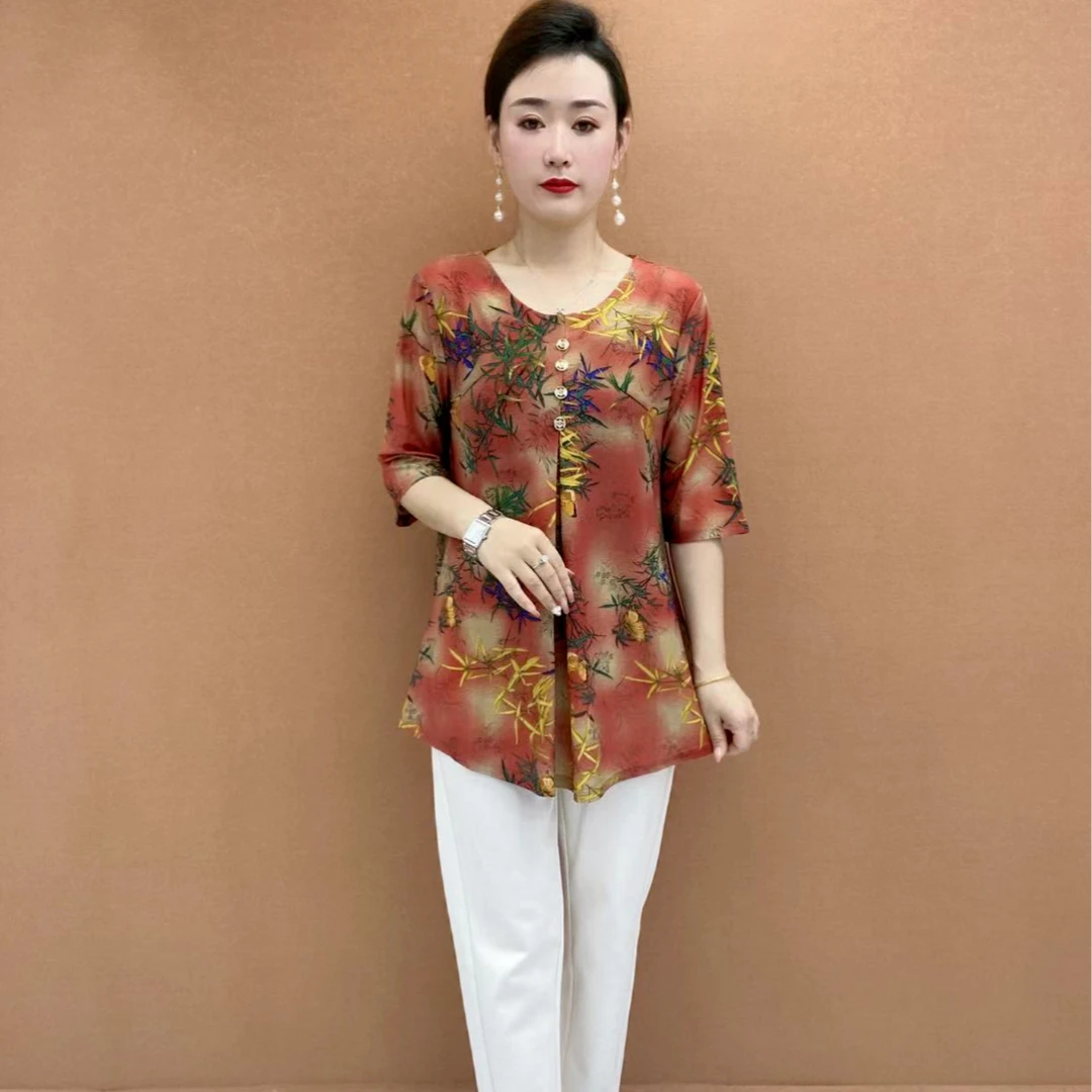 国风大码女装时尚中老年妈妈装洋气连衣裙小衫夏季宽松遮肚子上衣