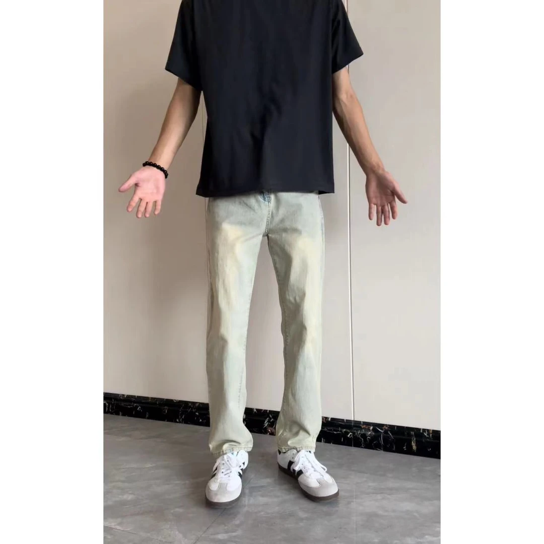 美式高街复古黄泥九分牛仔裤男春夏直筒新款百搭长裤休闲潮流款