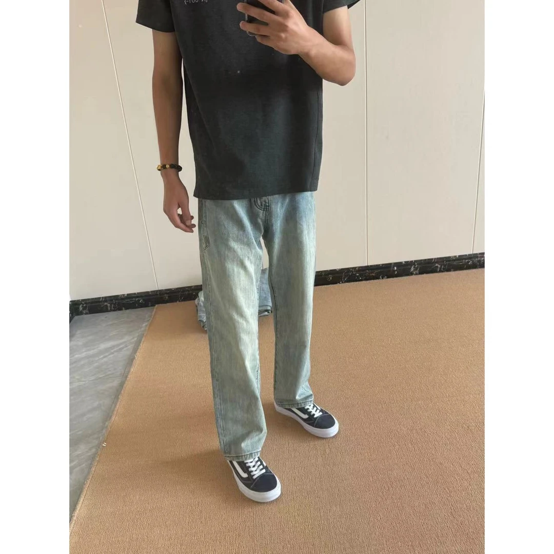 Along美式高端潮牌牛仔裤男宽松直筒ins欧美风百搭长裤男款