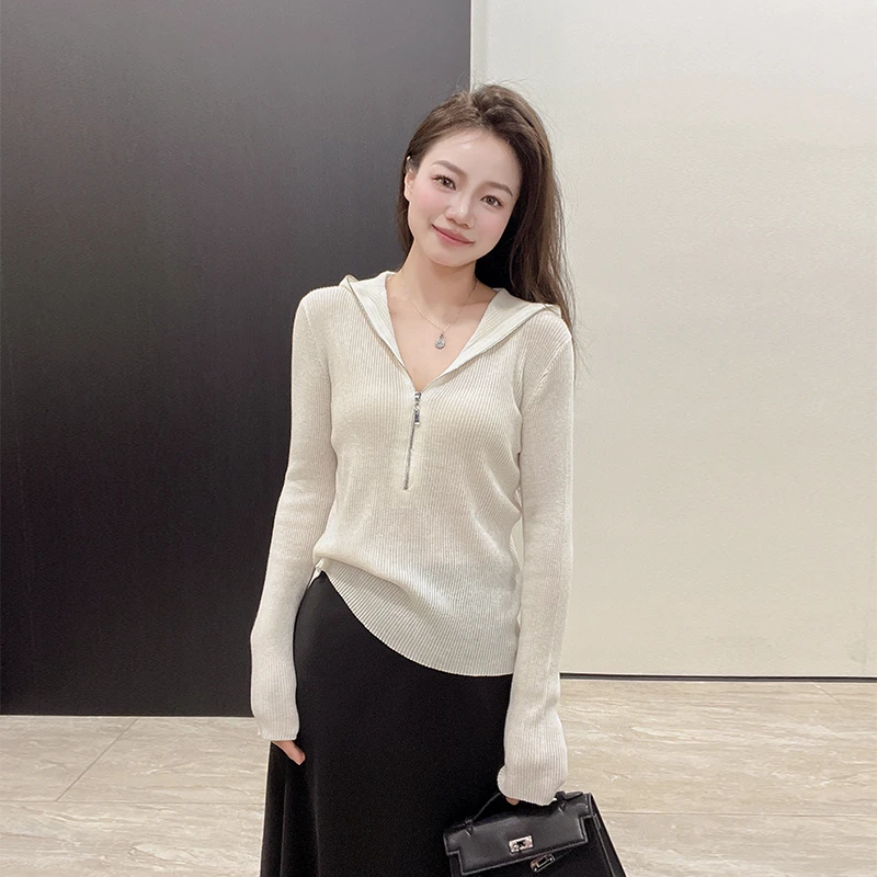 小众设计高级感休闲拉链连帽V领细羊毛上衣内搭打底针织衫毛衣女