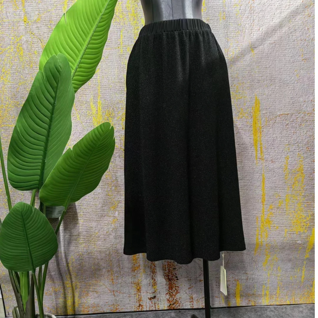 妙唐亮丝时尚大码夏季新款黑色女装休闲百搭松紧腰半身裙2872-36