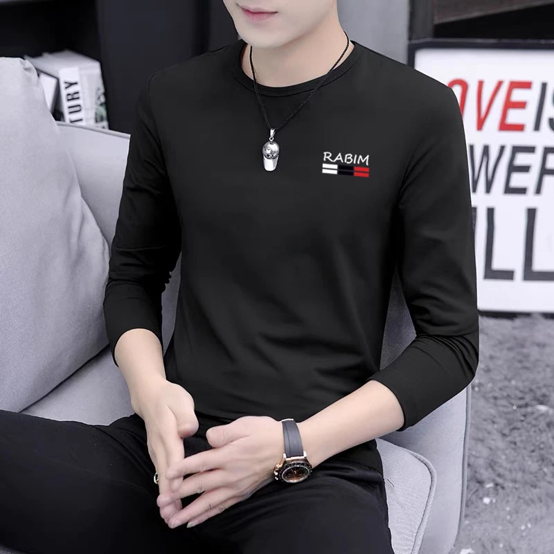 秋冬季长袖t恤男士百搭上衣服秋衣男生圆领新款印花上衣内衣黑色