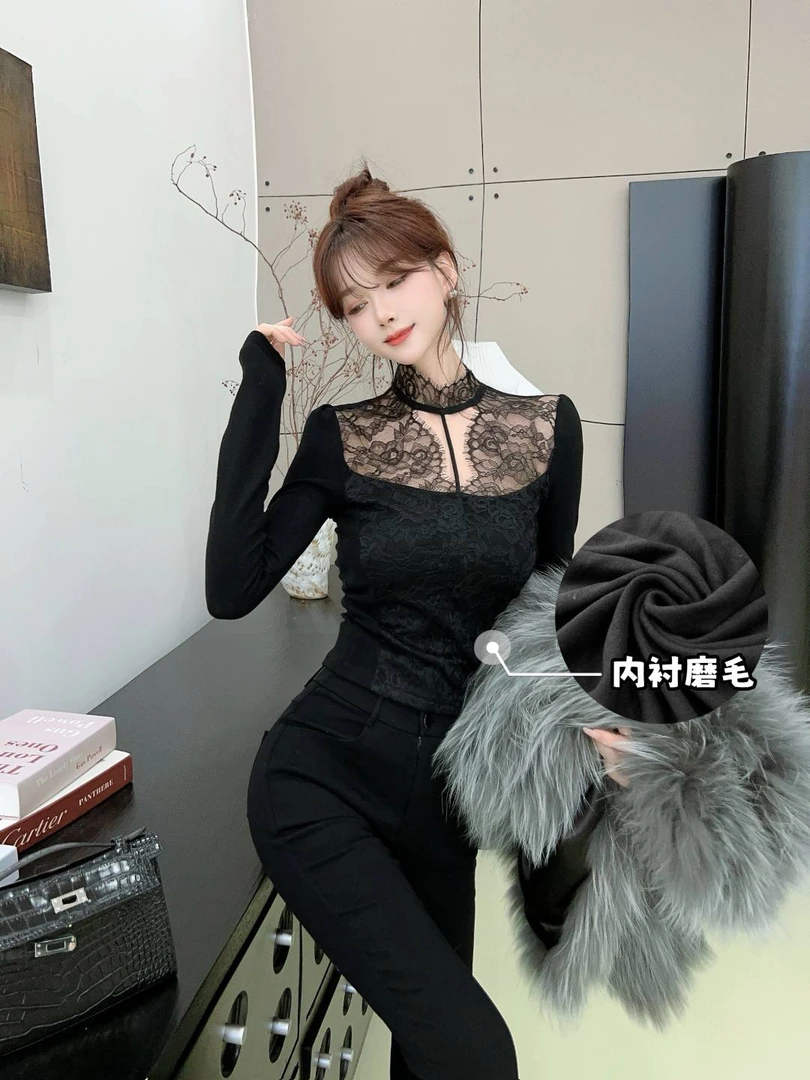 《纯欲性感》挂脖镂空蕾丝拼接上衣 （衣长50）（#8355）（内里磨毛）